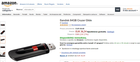 Chiavetta Pendrive Sandisk 64GB Cruzer Glide a 36,54 euro