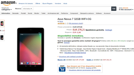 Asus Nexus 7 32GB WIFI+3G a 276 euro su Amazon Italia