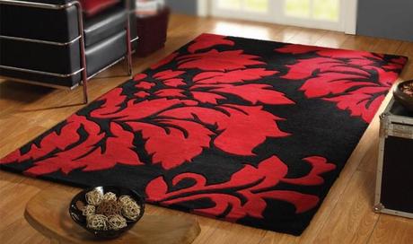Tappeto floreale rosso e nero in lana