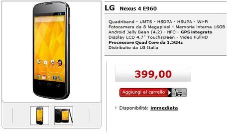 Google Nexus 4 a 399€ con Garanzia Italia