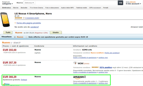 LG Nexus 4 Garanzia Italia venduto e spedito da Amazon Italia a 366 euro