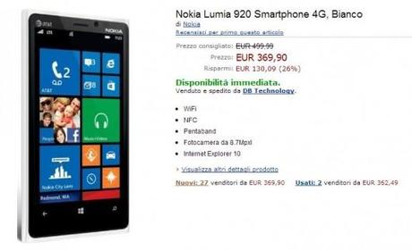 Amazon propone il Nokia Lumia 920 a soli 369,90 Euro.