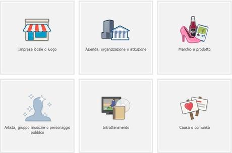 Categorie di business da scegliere se si registra un'azienda su Facebook