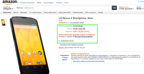 Offerta speciale: Nexus 4 a 350 euro con garanzia Italia su Amazon