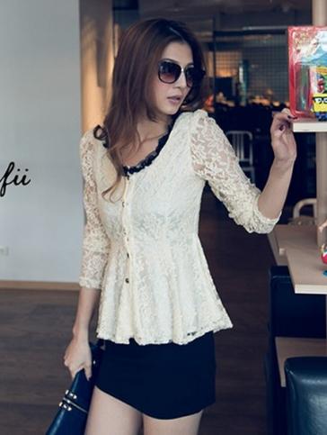 Beige Shouder Pad Lady Lace Round Neck Single-breasted One Size Outfit @H4436be