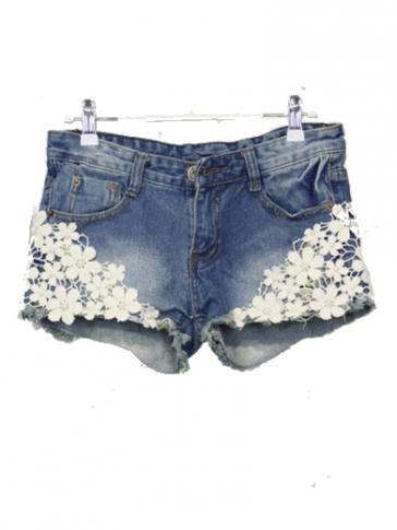 Blue Slim Fitting Korean Fashion Lace Spliced Hot Sale Women Short Pant NA02-3-801