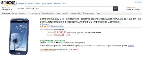 Samsung Galaxy S3 a 396 euro con spedizione Amazon Prime