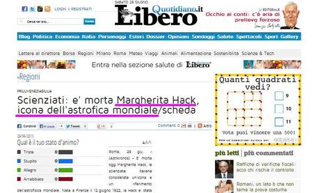 Libero annuncia la morte di Margherita Hack: “astrofica” mondiale #gaffe