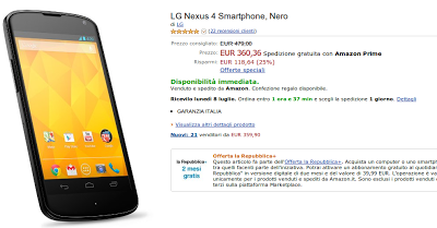 Nexus 4 Garanzia Italia a 360 euro con spedizione Amazon Prime