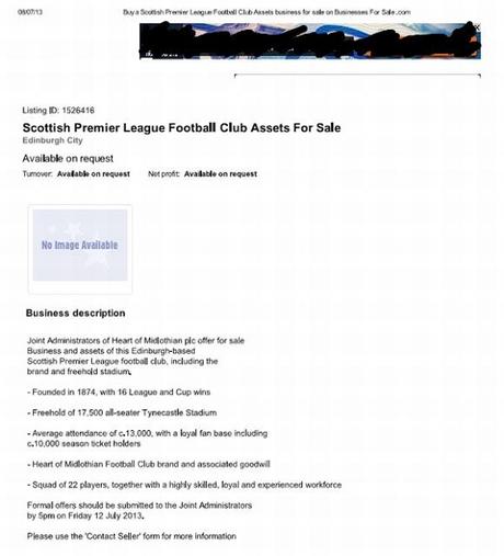 Gli amministratori mettono in vendita l' Heart of Midlothian FC su internet..