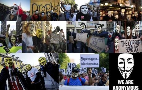 Manifestanti da varie piazze del mondo (ordine di lettura da sinistra a destra, dall’alto in basso): Bahrein, Cairo, Rio de Janeiro, New York, Londra, Parigi, Berlino, Vienna, Milano, Madrid. In basso a destra il simbolo di Anonymous.