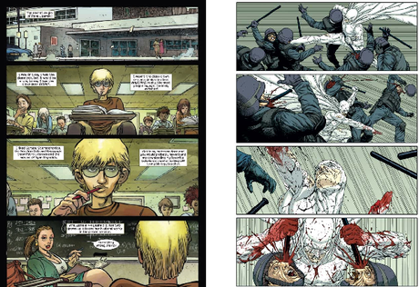 Due tavole rappresentative della tipica narrazione milleriana. Tratte da Kick Ass#1 e Nemesis#3