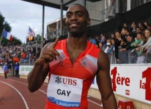 Gay of the U.S. gestures after winning in the 100m event of the Lausanne Diamond League meeting in Lausanne