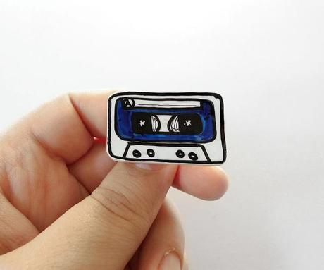 blue music cassette brooch