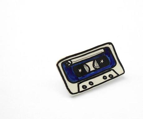 blue music cassette brooch