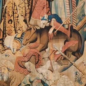 'Swan and Otter Hunt' (detail), woven wool tapestry, Netherlands, possibly Arras, 1430s. M