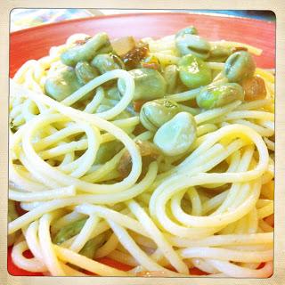 Spaghetti Fave,Guanciale e Pomodori Secchi