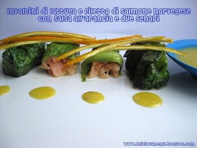 INVOLTINI FINGER FOOD DI LATTUGA E FILETTO DI SALMONE NORVEGESE CON SALSA ALL'ARANCIA E DUE SENAPI