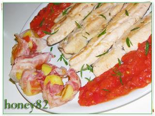 FILETTI DI TROTA SALMONATA CON PATATE IN PANCETTA E POMODORO FRESCO