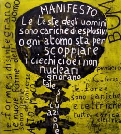 Enrico Baj - mostra a Fondazione Arnaldo Pomodoro di Milano - Bum-Manifesto Nucleare, 1952, olio su tela, 103x94 cm (remake del 1997)