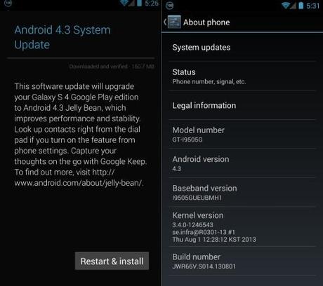 Android 4.3 su Galaxy S4 e HTC One Google Edition inizia il rilascio !