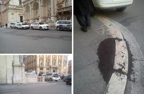 Marciapiedi, piante, edicole. Tutto lo schifo attorno a Piazza della Repubblica. E gli alberi sono ad oggi un pericolo pubblico notevolissimo