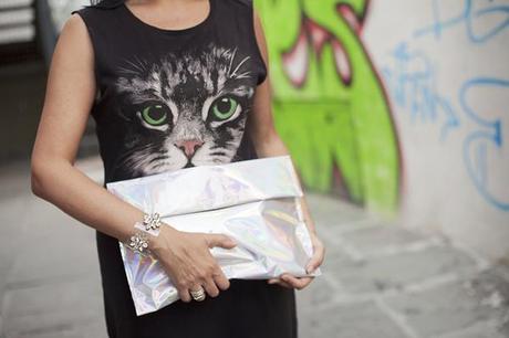 Smilingischic, fashion blog, Kitty, warm kitty, rock kitty, Asos, Choies, silvery bag, cat, Cat Dace Skater Maxi Dress