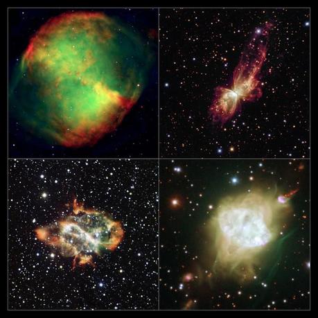 Una galleria di ritratti per le nebulose planetarie bipolari. Gli oggetti sono: in alto a sinistra: Nebulosa Manubrio, o Messier 27, in alto a destra: NGC 6302; in basso a sinistra: NGC 5189 e in basso a destra: Fleming 1.