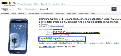 Samsung Galaxy S3 disponibile a 355 euro con spedizione Amazon Prime