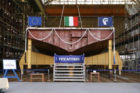 Stabilimento Fincantieri di Riva Trigoso (Genova), la cerimonia per l’impostazione del primo blocco della nave “Luigi Rizzo”, sesta unità del programma FREMM.