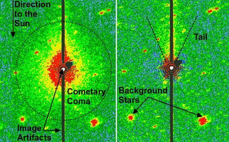 Nell'immagine si può notare a sinistra la chioma e la coda della cometa 3552 Don Quixote vista da Spitzer agli infrarossi. A destra, dopo aver processato l'immagine, la coda è più evidente. (Crediti: NASA/JPL-Caltech/DLR/NAU)