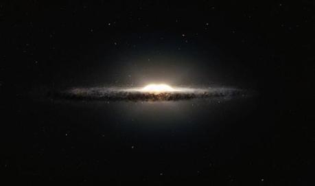 Questa rappresentazione artistica mostra come la Via Lattea apparirebbe se vista quasi di taglio da una prospettiva molto diversa da quella della Terra. Il rigonfiamento centrale appare come una palla di stelle incandescente a forma di arachide. (Crediti: ESO/NASA/JPL-Caltech/M. Kornmesser/R. Hurt) 
