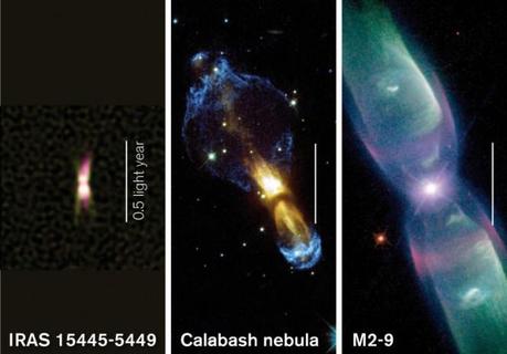 In questa immagine sono messi a confronto due oggetti molto antichi, come le nebulose protoplanetarie Calabash e M 2-9 mostrando come IRAS 15445-5449 (a sinistra) potrebbe evolvere in futuro. La striscia bianca indica l'unità di misura 0,5 anni luce. (Crediti: E. Lagadec/ESO/A. Pérez Sánchez; NASA/ESA & Valentin Bujarrabal; B. Balick, V. Icke, G. Mellema e NASA/ESA)