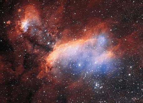 Le nubi di gas visibili in questa immagine forma un'enorme incubatrice stellare soprannominata Nebulosa Gambero. Ottenuta con il VST dell'ESO, mostra mucchi di stelle calde appena nate raccolti nelle nubi che formano la nebulosa. (Crediti: ESO. Acknowledgement: Martin Pugh)