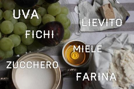 Ingredienti per preparare la focaccia con fichi e uva