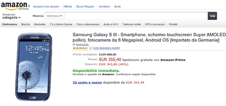 Samsung Galaxy S3 disponibile a 355 euro con spedizione Amazon Prime