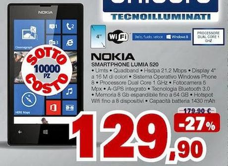 Nokia Lumia 520 a sole 129 euro offertisima di Unieuro.