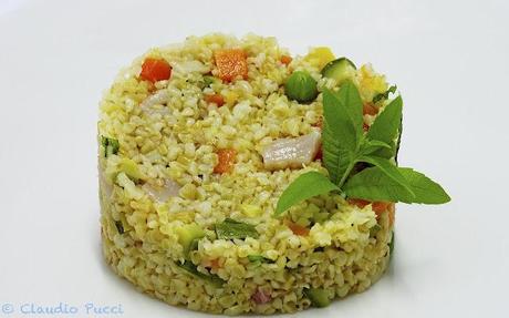 Bulgur con verdure,spada marinato,menta e arancio