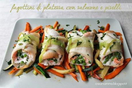 Fagottini di platessa con salmone e piselli