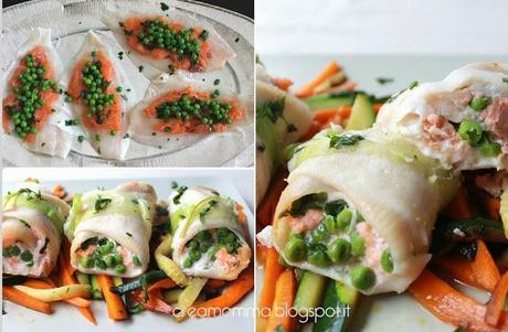 Fagottini di platessa con salmone e piselli