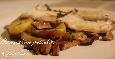 Branzino al forno con patate e funghi porcini