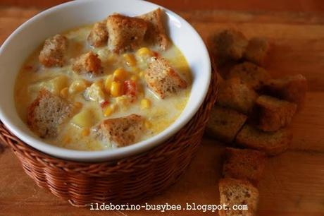 La Gustosa Accozzaglia - Zuppa di Mais con Crostini Caserecci or Corn Chowder with Homemade Croutons