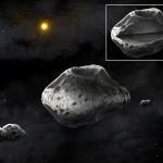 Rappresentazione artistica dell’asteroide Silvia e dei suoi due satelliti, Romolo e Remo. Credit: Danielle Futselaar / SETI Institute