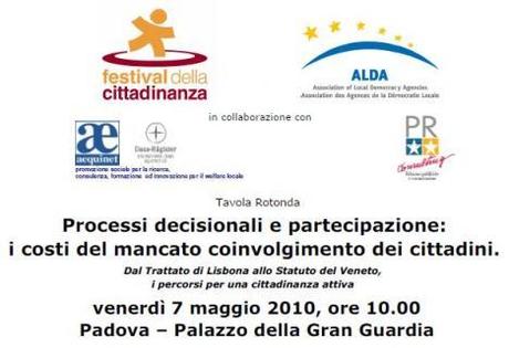 Evento il 7 maggio al Festival della Cittadinanza di Padova: Processi decisionali e partecipazione