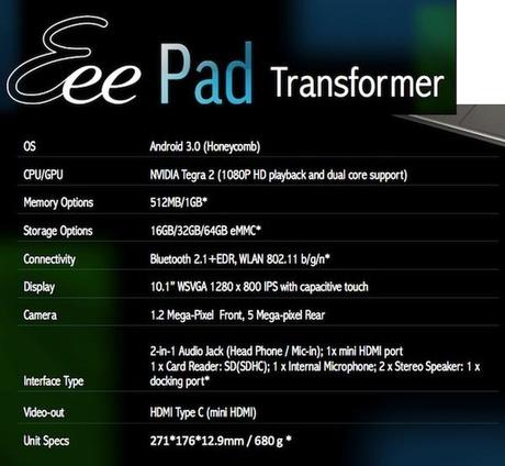 transformer Asus Eee Pad Transformer: foto, caratteristiche, scheda tecnica, prezzo