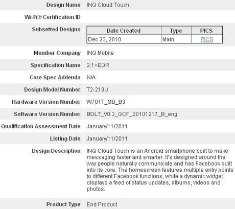 facebook inq cloud touch phone INQ Cloud Touch sarà il telefono di Facebook, ed avrà Android