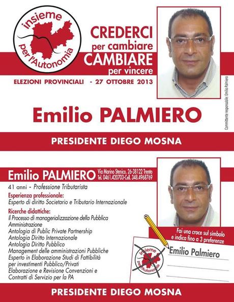 NEWS. Emilio Palmiero candidato alle prossime ELEZIONI  DEL CONSIGLIO PROVINCIALE DI TRENTO