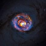 La parte centrale della vicina galassia attiva NGC 1433. L'immagine di fondo, blu e debole, che mostra le fasce di polvere al centro della galassia, è stata ottenuta dal Telescopio Spaziale Hubble della NASA/ESA. Le strutture colorate vicino al centro provengono da recenti osservazioni con ALMA. (Crediti: ALMA (ESO/NAOJ/NRAO)/NASA/ESA/F. Combes)