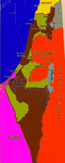 Immagine 2: i confini nel 1949. In Marrone Israele prima del conflitto, in Verde le sue nuove acquisizioni. In Rosso la Giordania (con l'acquisizione della Cisgiordiania), in Rosa l'Egitto (con la striscia di Gaza)
