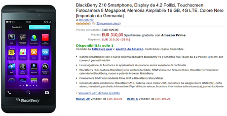 Blackberry Z10 disponibile su Amazon a soli 310 euro